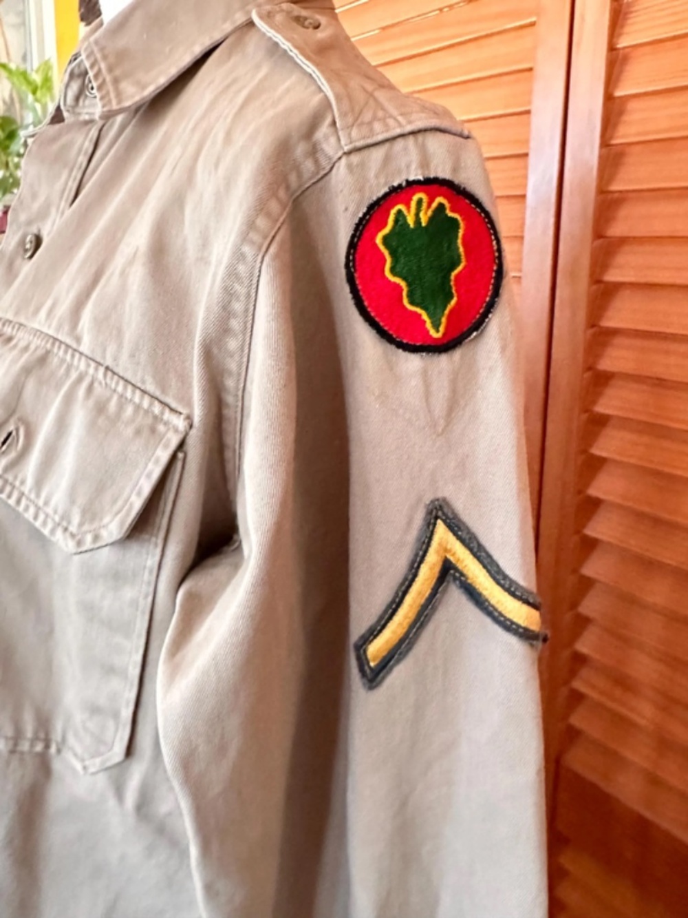 Vintage 1940s Army Khaki Shirt: Patched Military Uniform, 38" Chest
